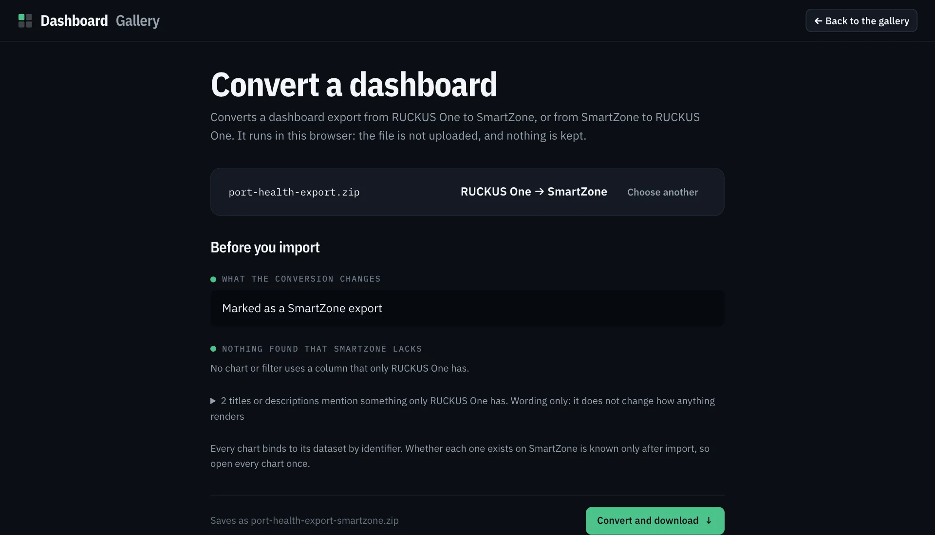 The Convert a dashboard page with an export loaded: RUCKUS One to SmartZone, what the conversion changes, and a check that no chart uses a column SmartZone lacks.