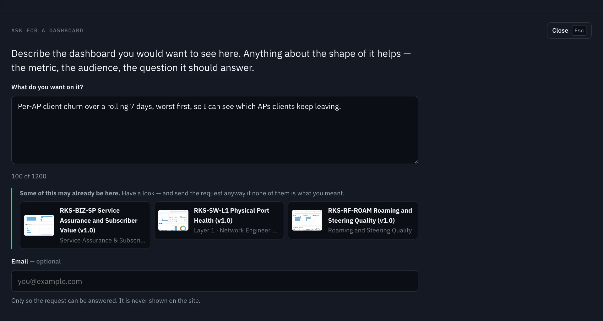 The Ask for a dashboard panel: a typed description, three existing dashboards the gallery suggests might already cover it, and an optional email field.