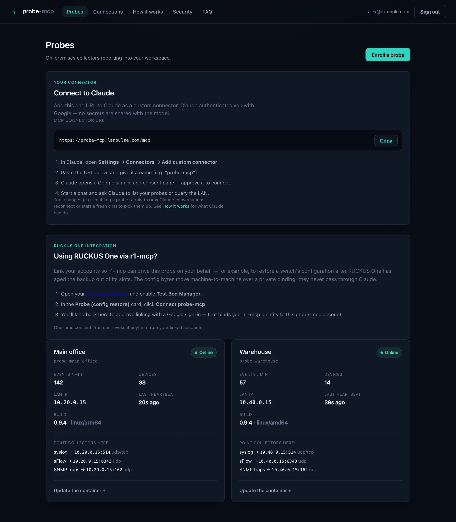 The PROBE-MCP Probes page: the connector URL to add to Claude, and two online probes with events per minute, device count, LAN IP and the ports to point collectors at. Example values.