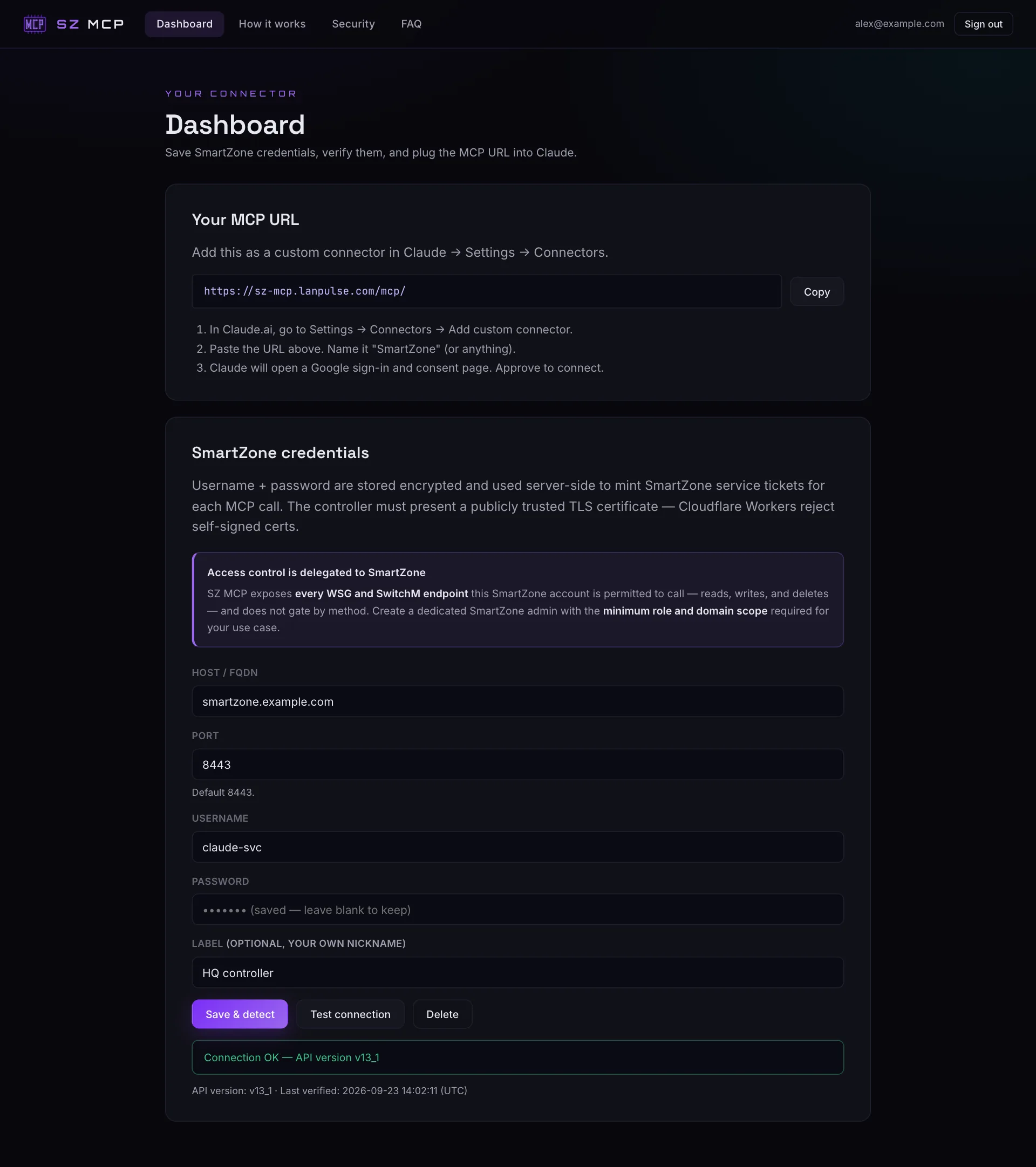 The SZ-MCP dashboard: the MCP URL to add to Claude, and the SmartZone credentials form after a successful connection test. Example values.